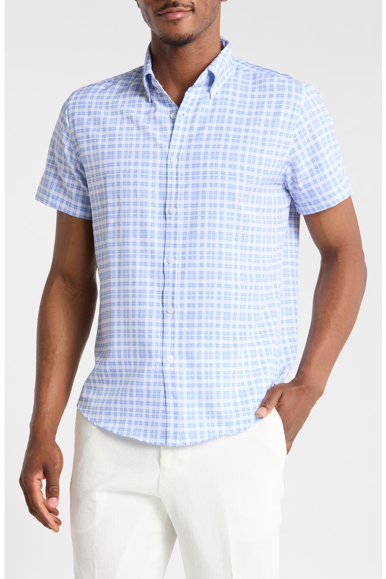 Plaid Short Sleeve Tech Button-Down Shirt, Main, color, WHITE