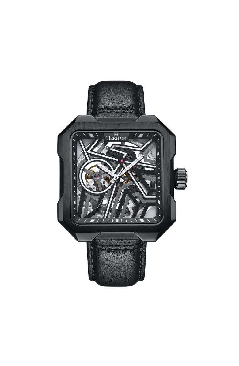 Heritor Automatic Campbell Leather-Band Skeleton Watch, Main, color, Black