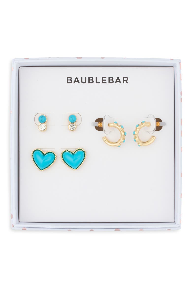 Better in Blue Set of 3 Stud & Huggie Hoop Earrings, Main, color, TURQUOISE