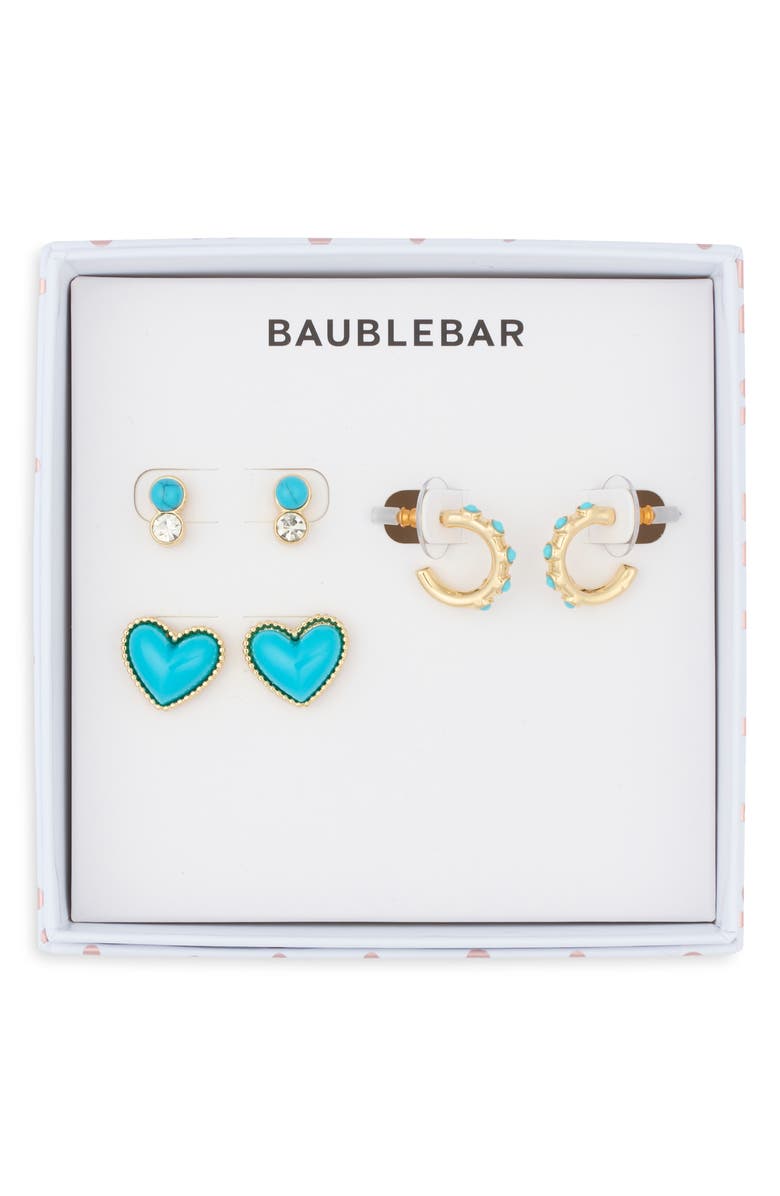 BaubleBar Better in Blue Set of 3 Stud & Huggie Hoop Earrings, Main, color, Turquoise
