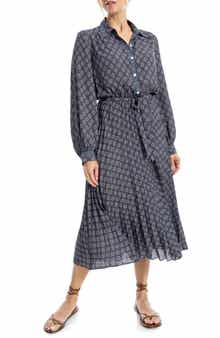 MAX STUDIO Long Sleeve Pleated Shirtdress