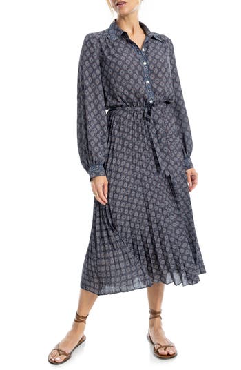 Max Studio Long Sleeve Pleated Shirtdress In Blue