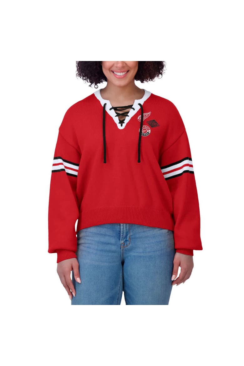 Women's WEAR by Erin Andrews  Red Detroit Red Wings Cropped Lace-Up Sweater, Alternate, color, Red