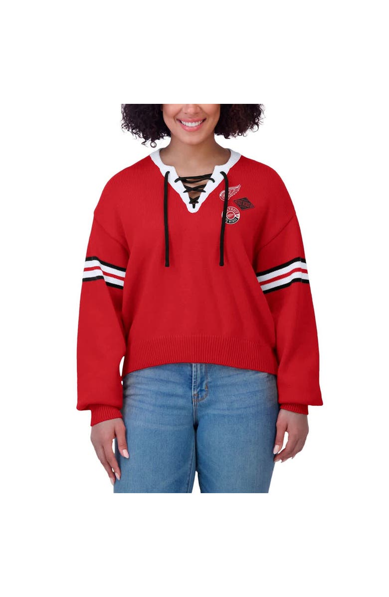WEAR by Erin Andrews Women's WEAR by Erin Andrews  Red Detroit Red Wings Cropped Lace-Up Sweater, Alternate, color, Red