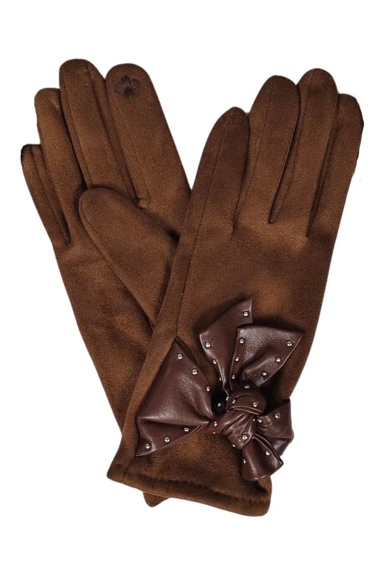 Studded Bow Faux Suede Gloves, Main, color, BROWN