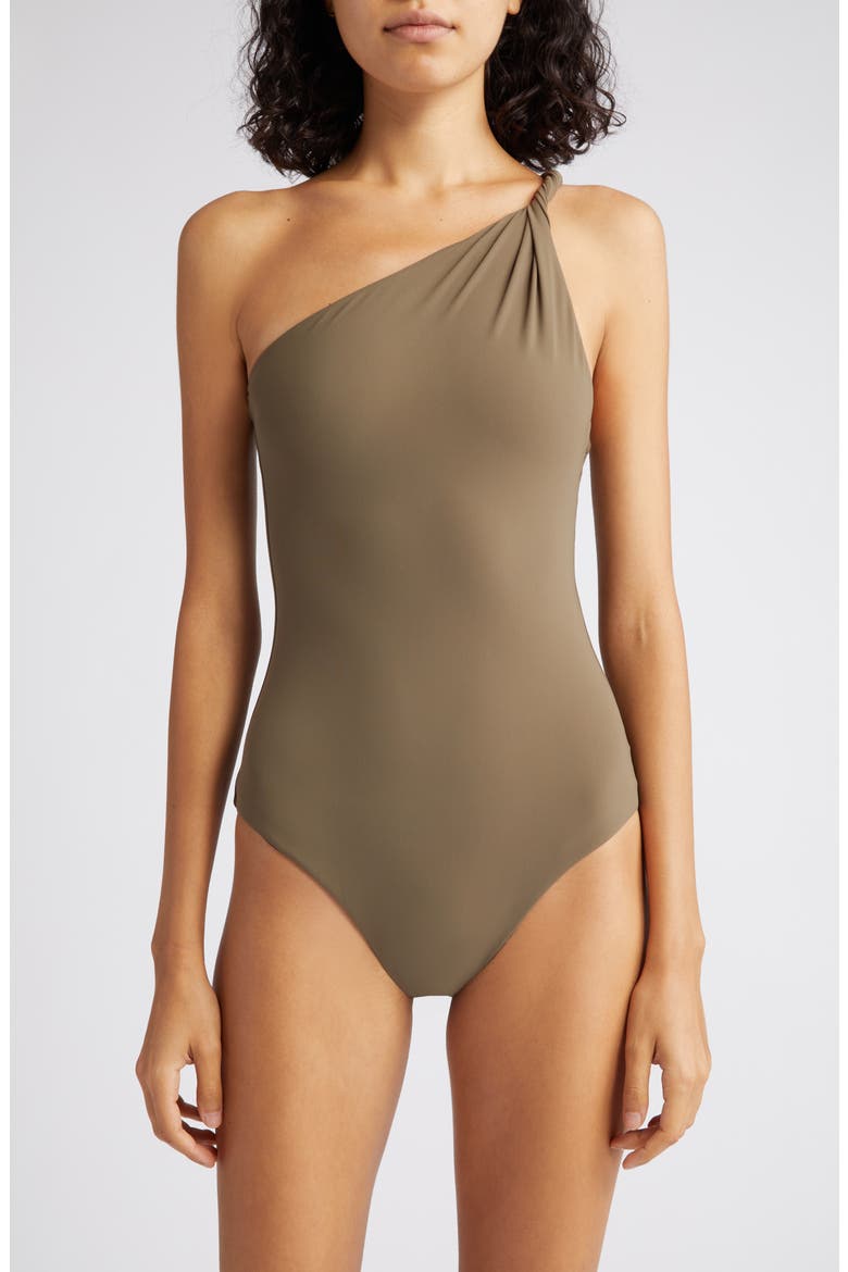 Twist Strap One-Shoulder One-Piece Swimsuit, Main, color, FADED OLIVE