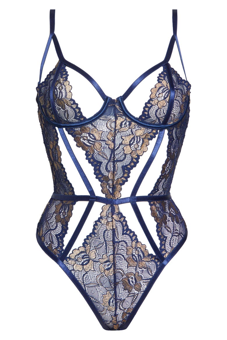 Desarae Lace Underwire Bodysuit, Alternate, color, ESTATE BLUE/ NEW WHEAT