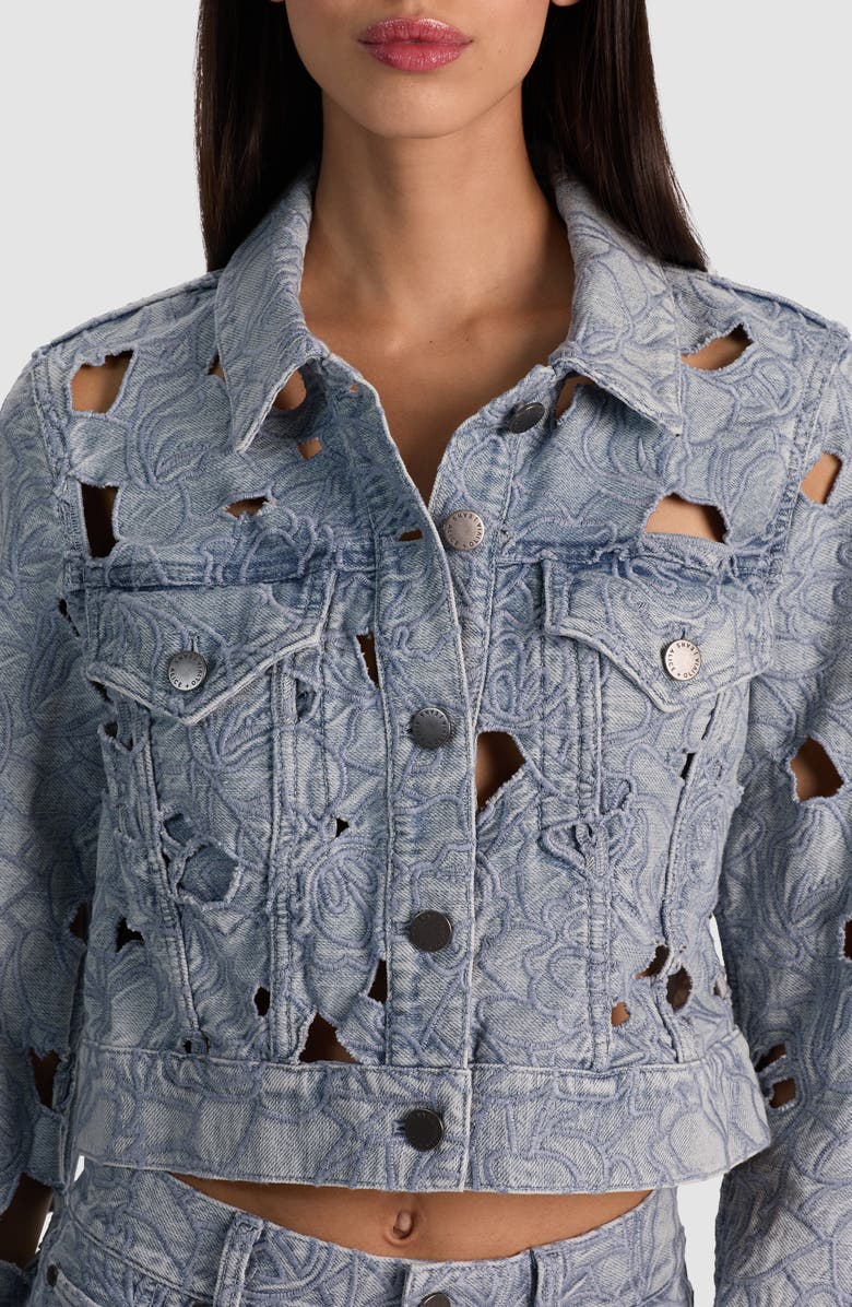 Alice + Olivia Chloe Eyelet Embroidered Denim Jacket, Alternate, color, Rockstar Blue