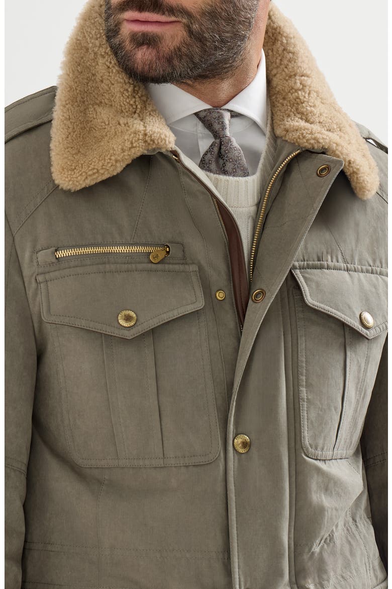 Waxed techno cotton safari jacket with Thermore® padding, nappa leather inserts and shearling collar, Alternate, color, Medium Grey