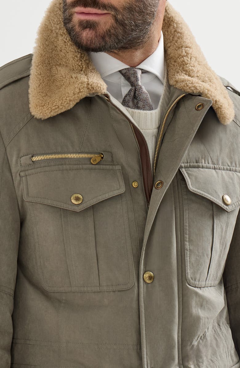 Brunello Cucinelli Waxed techno cotton safari jacket with Thermore<sup>®</sup> padding, nappa leather inserts and shearling collar, Alternate, color, Medium Grey
