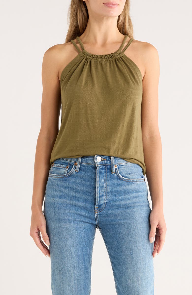 Bobeau Shirred Neck Halter Top, Main, color, Olive Green
