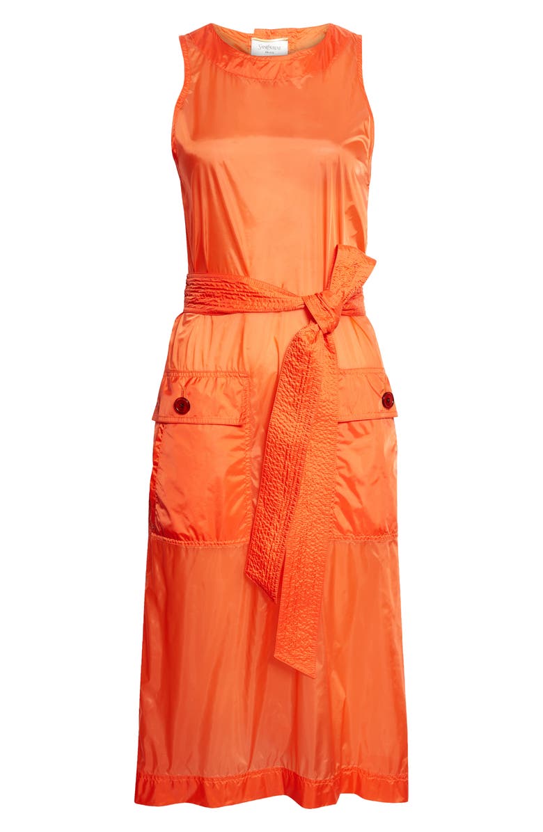 Saint Laurent Button Back Belted Nylon Dress, Main, color, Rouge Orange