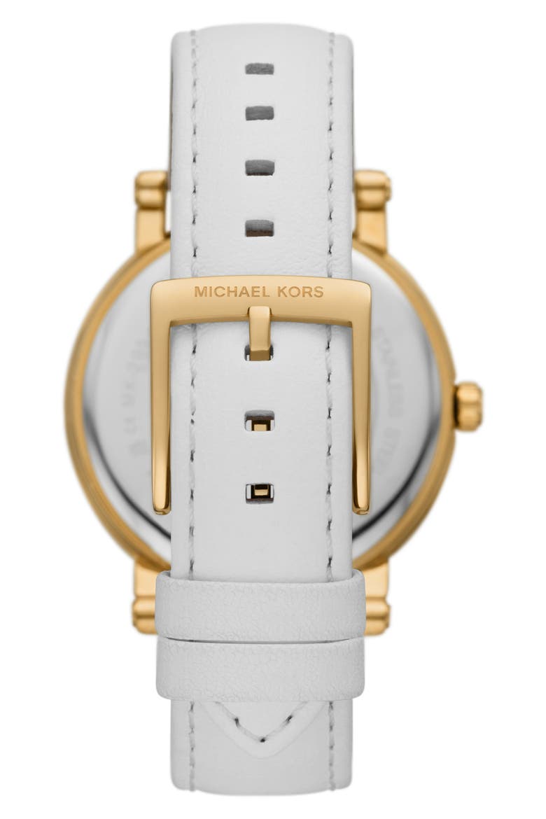 Three Hand Quartz CZ Embellished Leather Strap Watch, 38mm, Alternate, color, WHITE/ GOLD