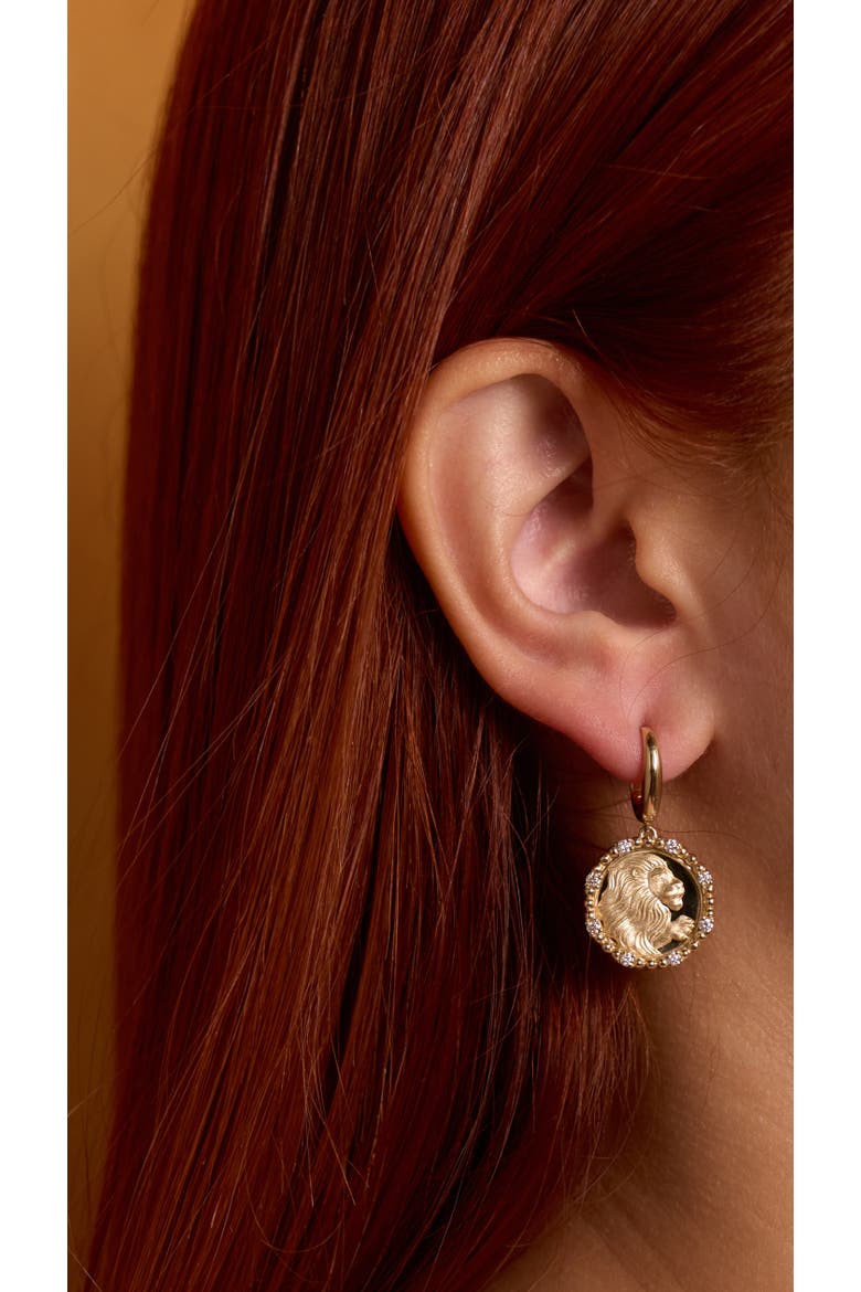 14K Gold Leo Diamond Bead Zodiac Dangle Earrings, Alternate, color, Yellow Gold