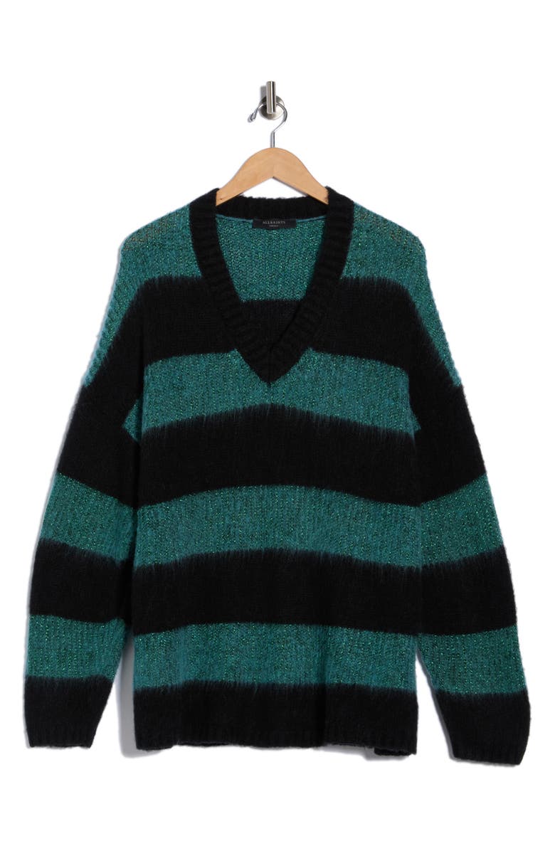 AllSaints Lou Sparkle V-Neck Sweater, Alternate, color, Green/ Black