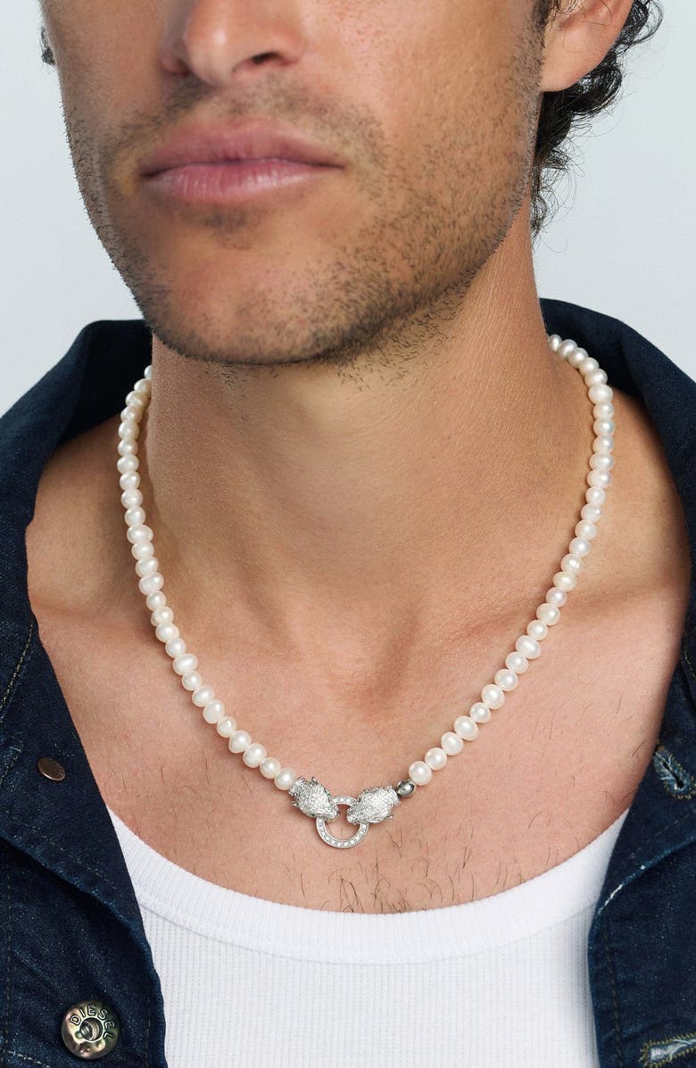 Nialaya Double Panther Head Pearl Necklace, Alternate, color, Silver