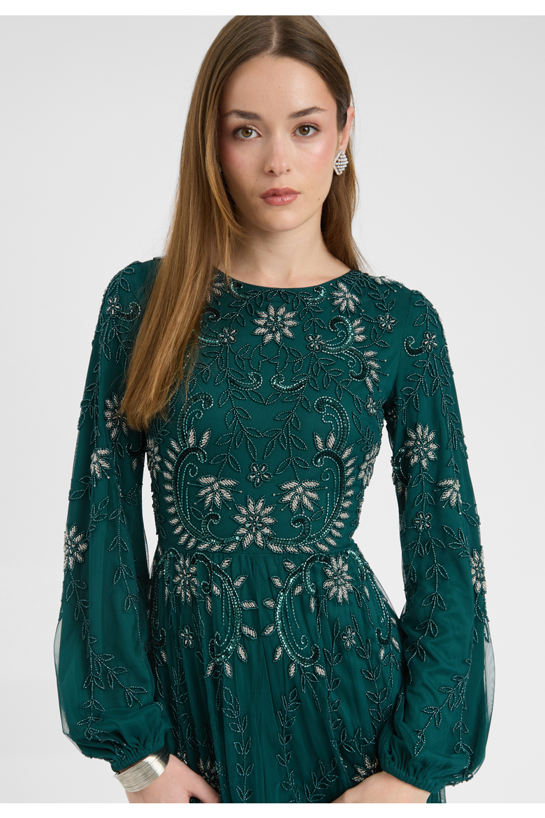 Modest Embellished Sequin Beaded Dress Maxi With A Line Bottom And Sleeve Design, Alternate, color, EMERALD GREEN