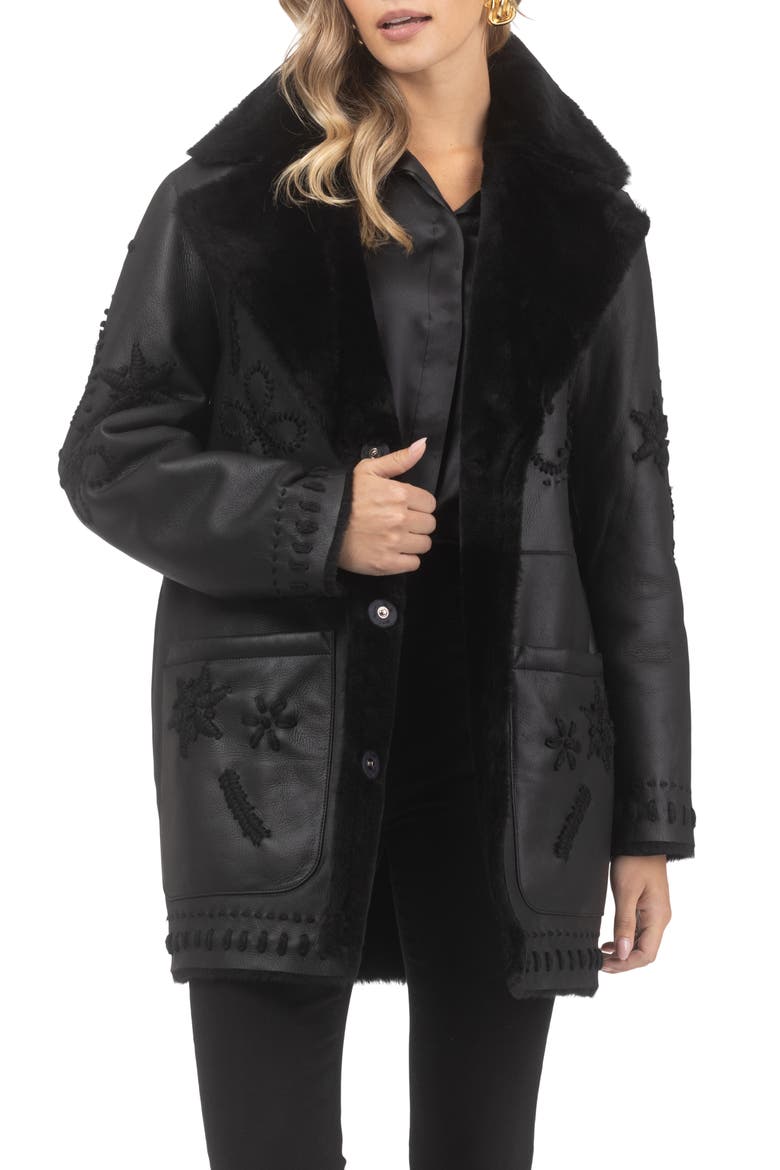 Genuine Shearling Short Jacket with Embroidery, Belt, Alternate, color, BLACK/BLACK