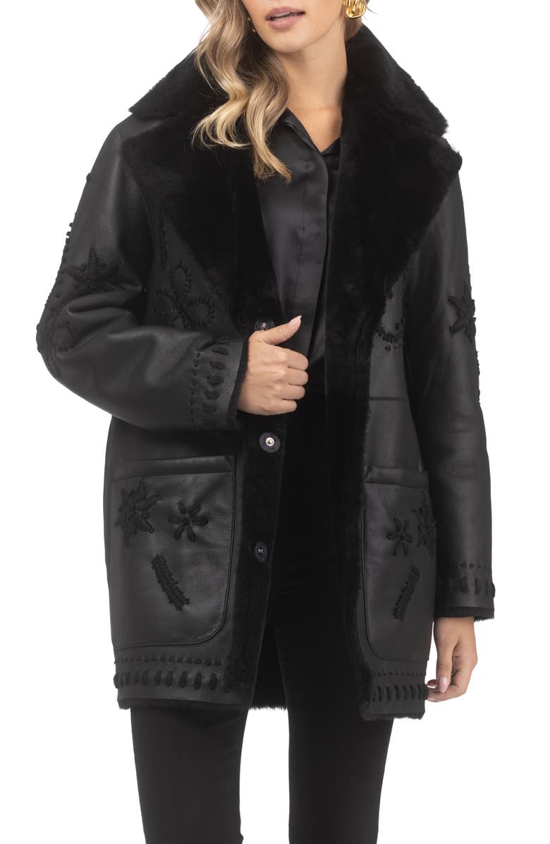 GORSKI Genuine Shearling Short Jacket with Embroidery, Belt, Alternate, color, Black/Black