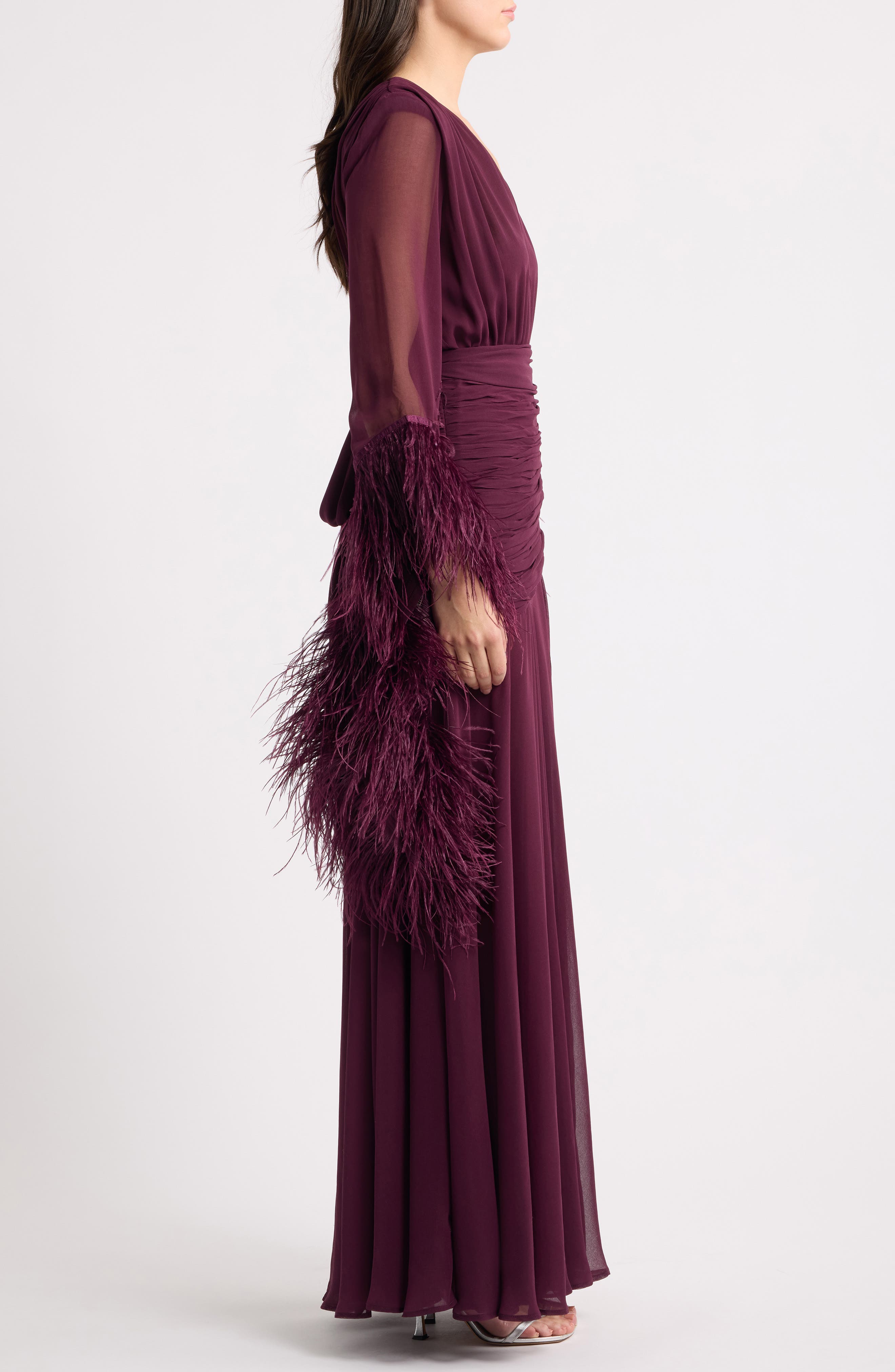 BRONX BANCO Feather Detail Long Sleeve Ruched Gown (Women) | Nordstrom