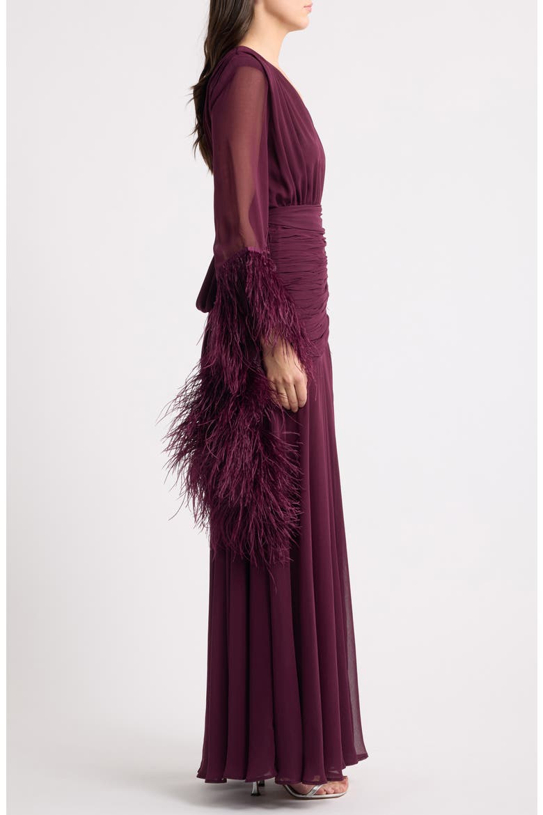 Feather Detail Long Sleeve Ruched Gown, Alternate, color, BURGUNDY