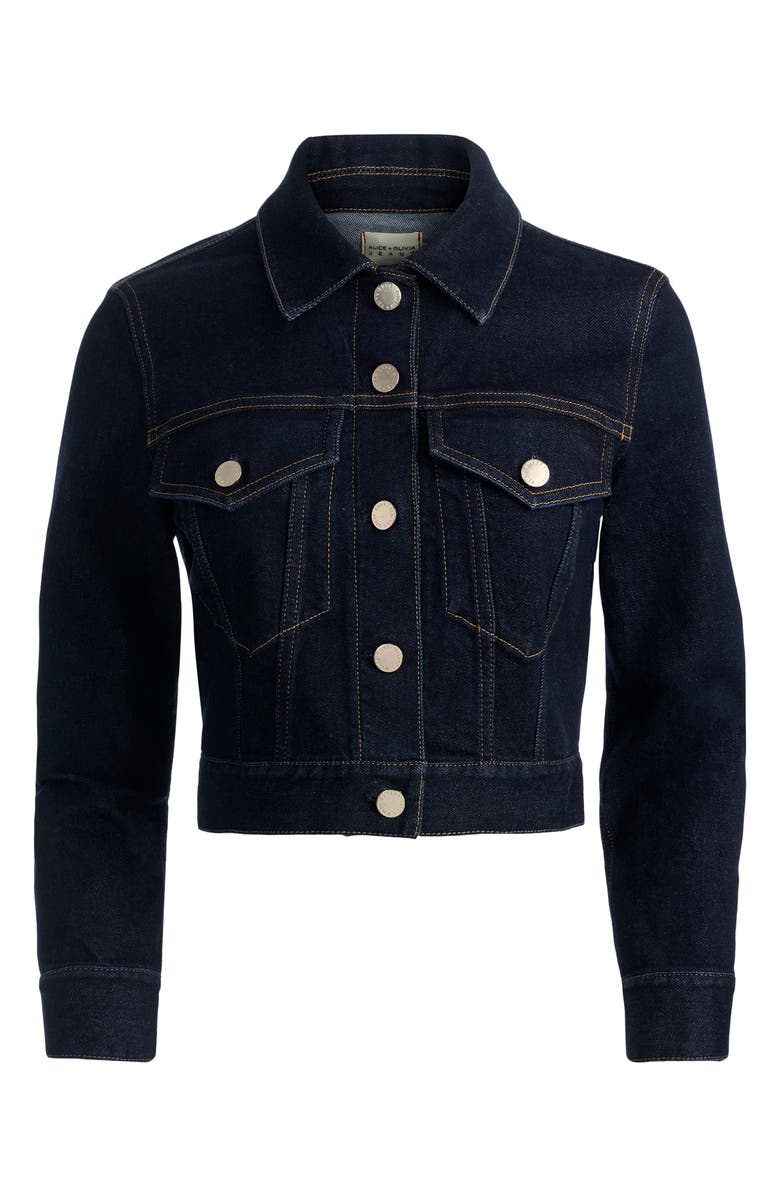 Alice + Olivia Chloe Boxy Crop Denim Jacket, Alternate, color, Dark Rinse