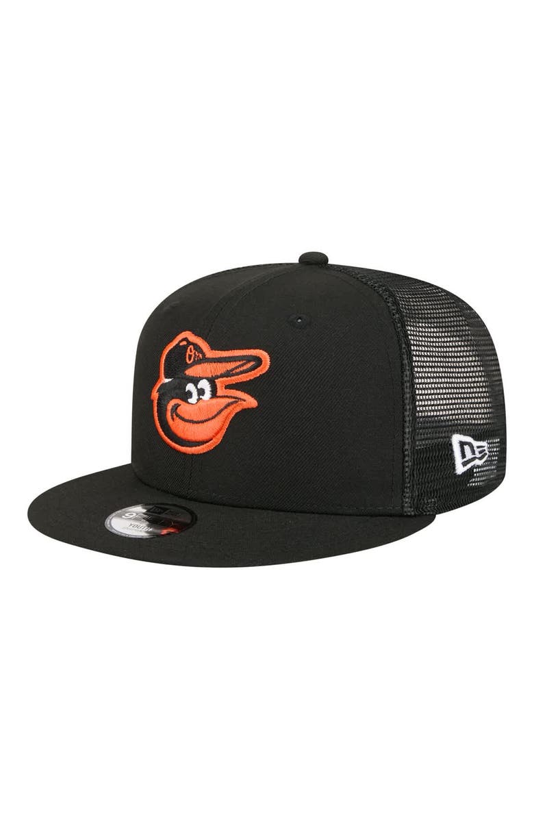 New Era Youth New Era  Black Baltimore Orioles 9FIFTY Trucker Snapback Hat, Main, color, Black