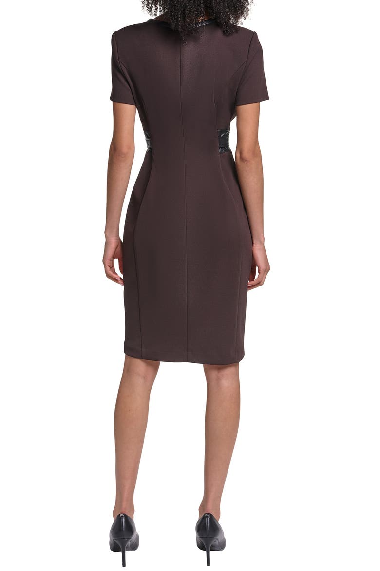 Faux Leather Detail Belted Scuba Crepe Sheath Dress, Alternate, color, ESPRESSO/ BLACK