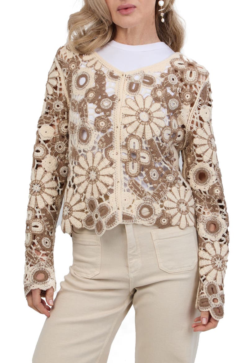 Flower Open Stitch Cardigan, Main, color, BROWN