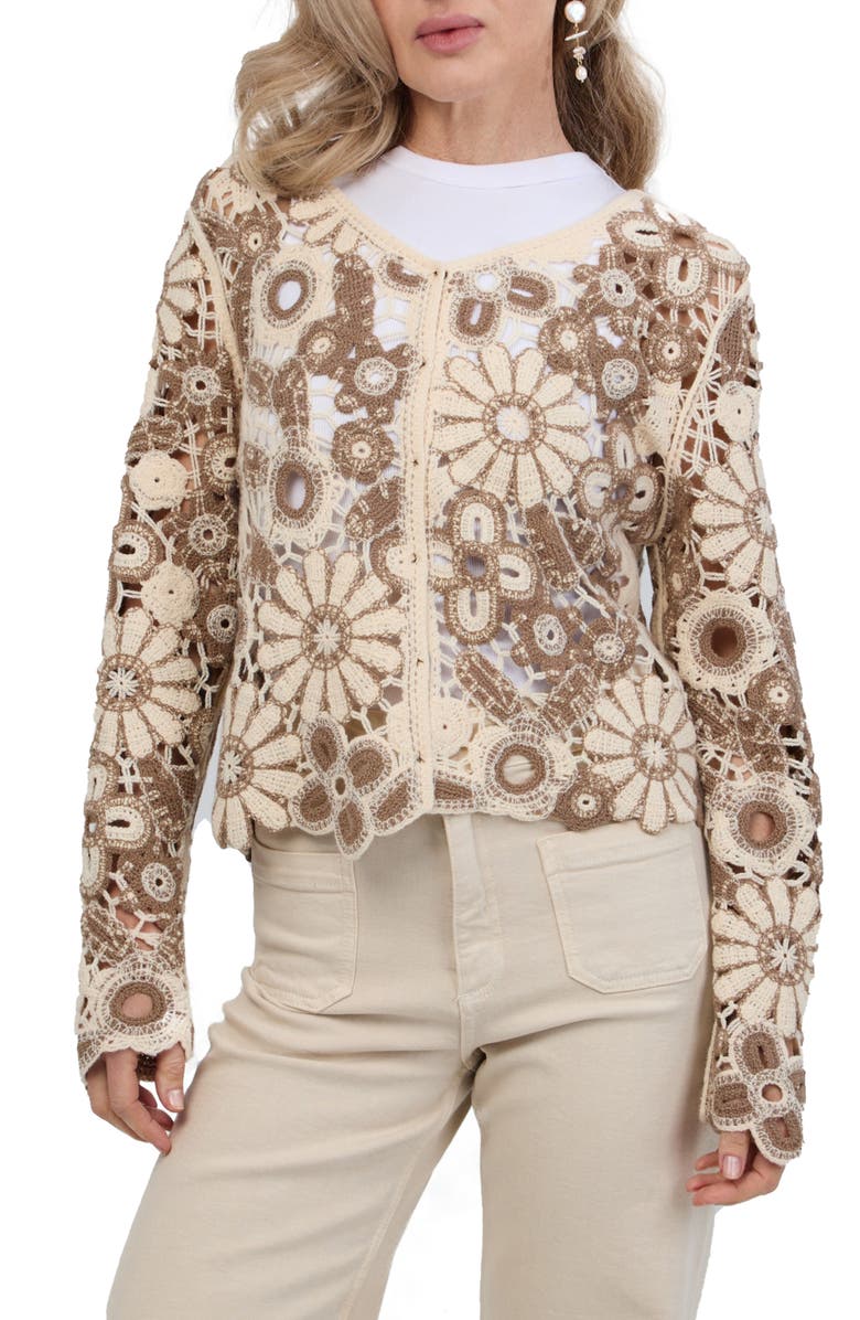 SAACHI Flower Open Stitch Cardigan, Main, color, Brown