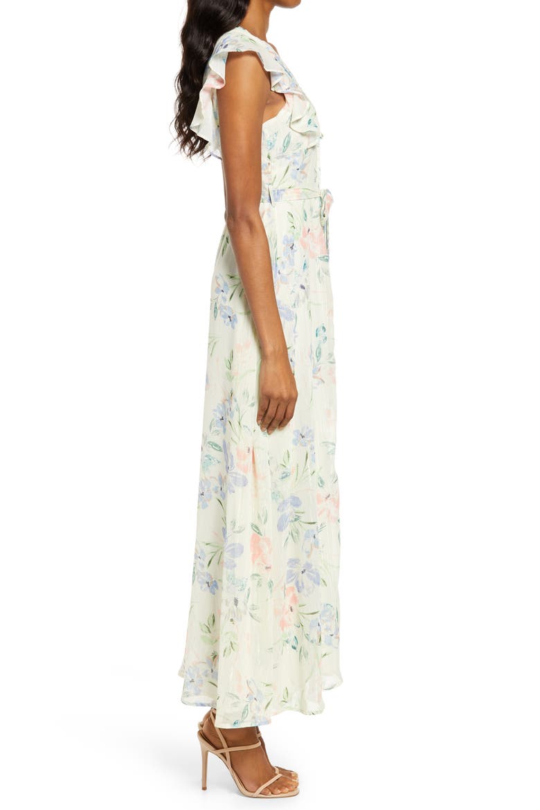 Ruffle Tie Waist Dress, Alternate, color, IVORY WATERCOLOR FLORAL