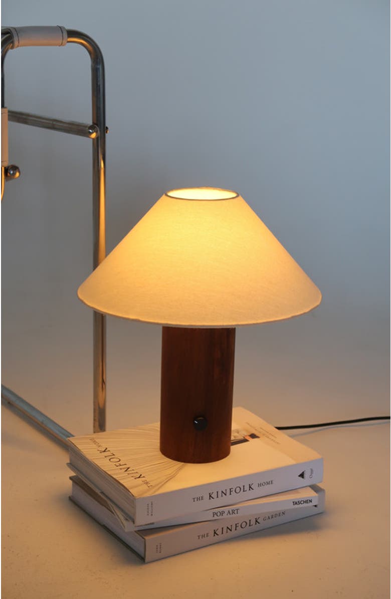 Brightech Oakley 13" Modern LED Walnut Wood Table Lamp with Cream Fabric Shade, Bulb Included, Alternate, color, Walnut
