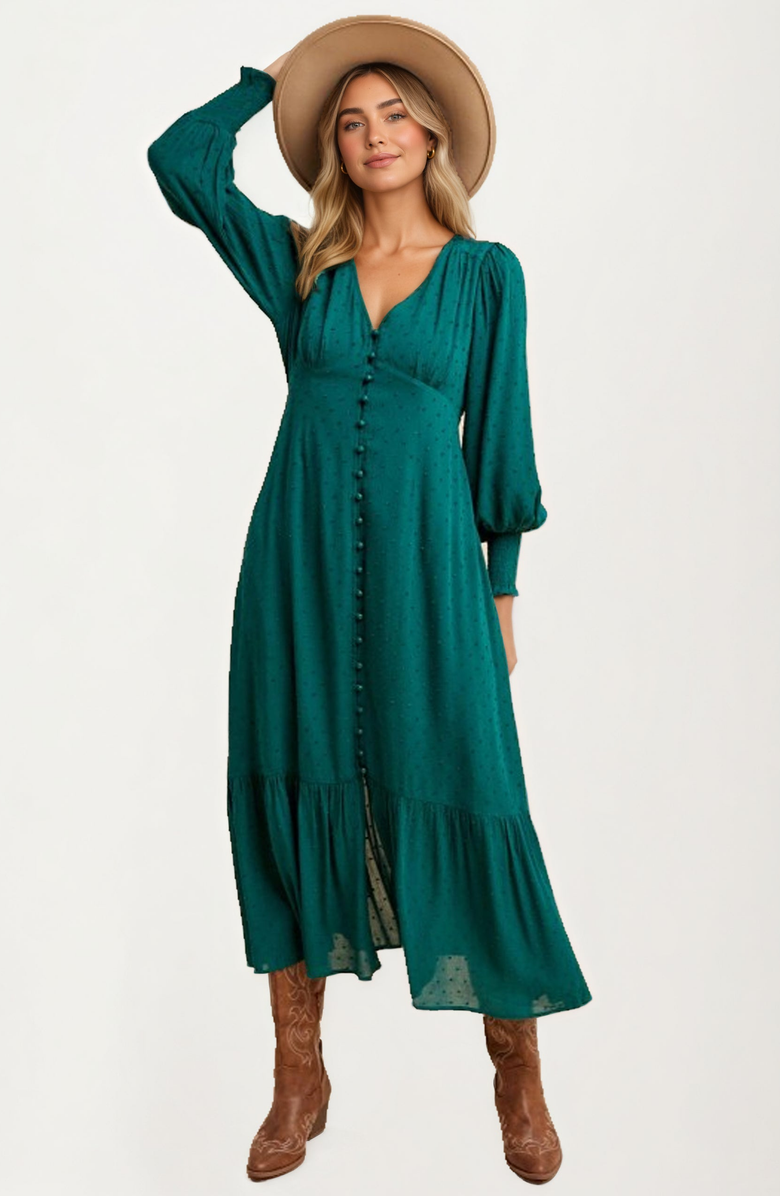 Knit and Lounge Button Front Puff Sleeve Maxi Dress, Alternate, color, 