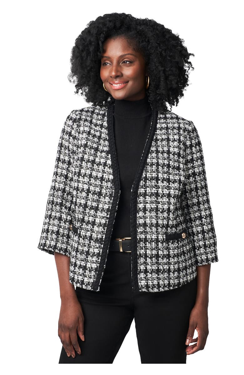 Jessica London Tweed V-Neck Jacket, Main, color, Black White Tweed