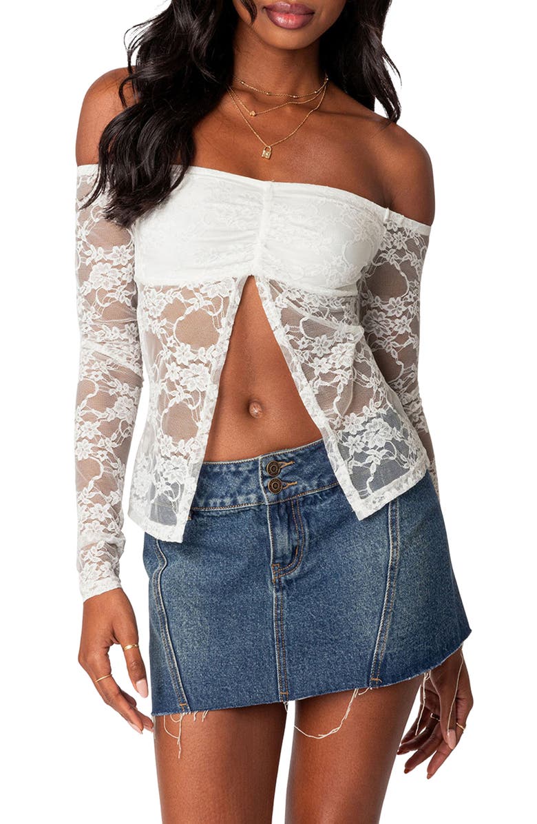EDIKTED Odessa Split Front Off the Shoulder Lace Top, Main, color, White