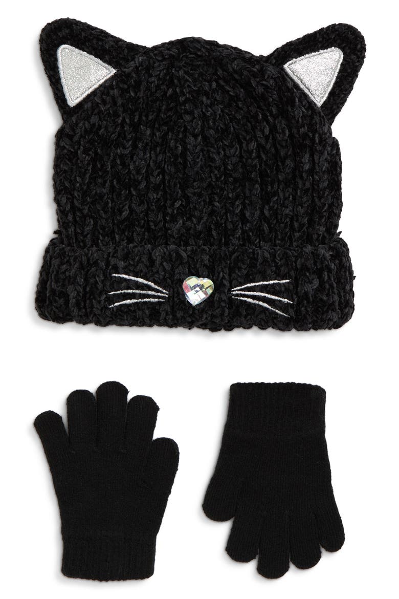 Kids' Chenille Kitty Beanie & Gloves Set, Main, color, BLACK