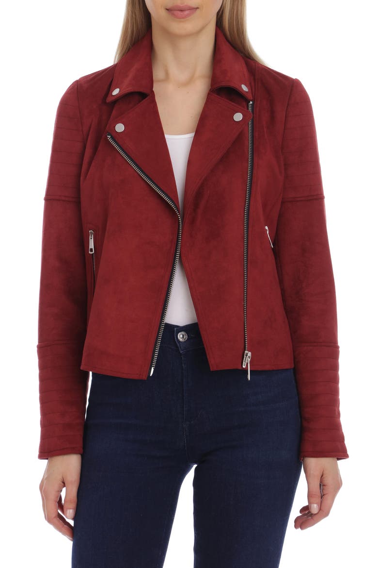 Faux Suede Moto Jacket, Alternate, color, BURGUNDY