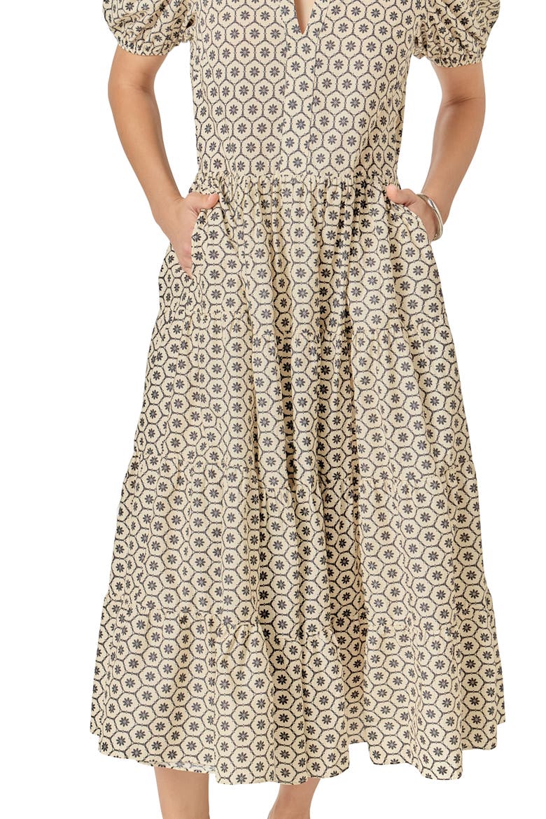 Print Puff Sleeve Midi Dress, Alternate, color, BEIGE/ BLACK