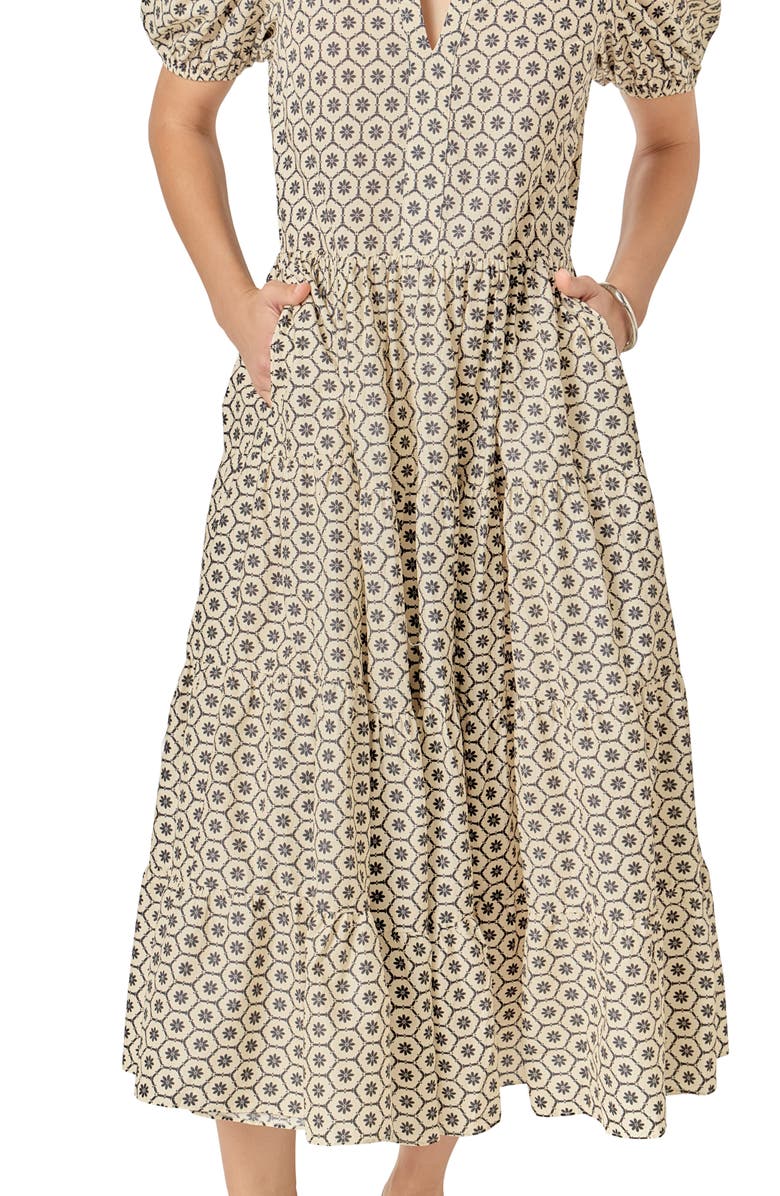 English Factory Print Puff Sleeve Midi Dress, Alternate, color, Beige/ Black