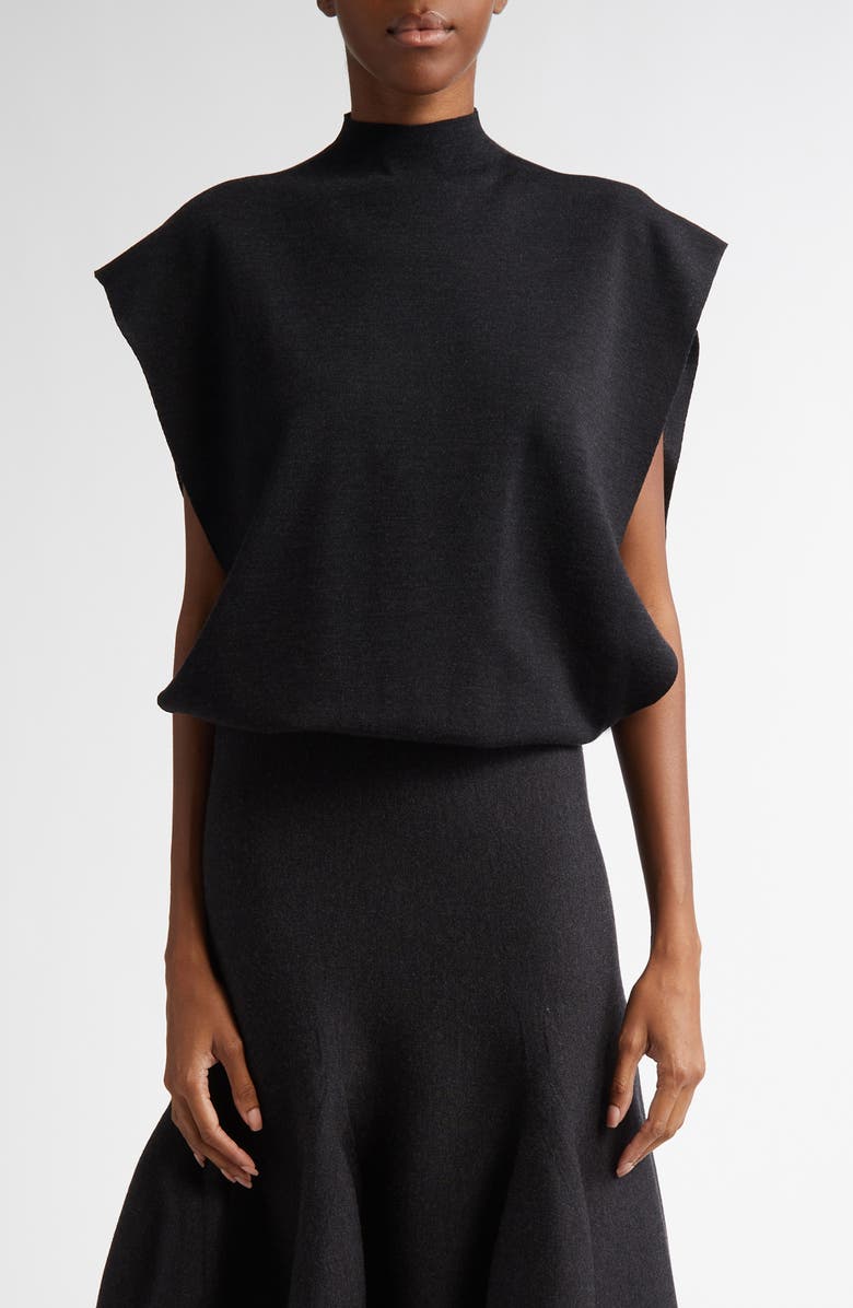 Alaïa Square Cap Sleeve Funnel Neck Wool Bodysuit, Main, color, 