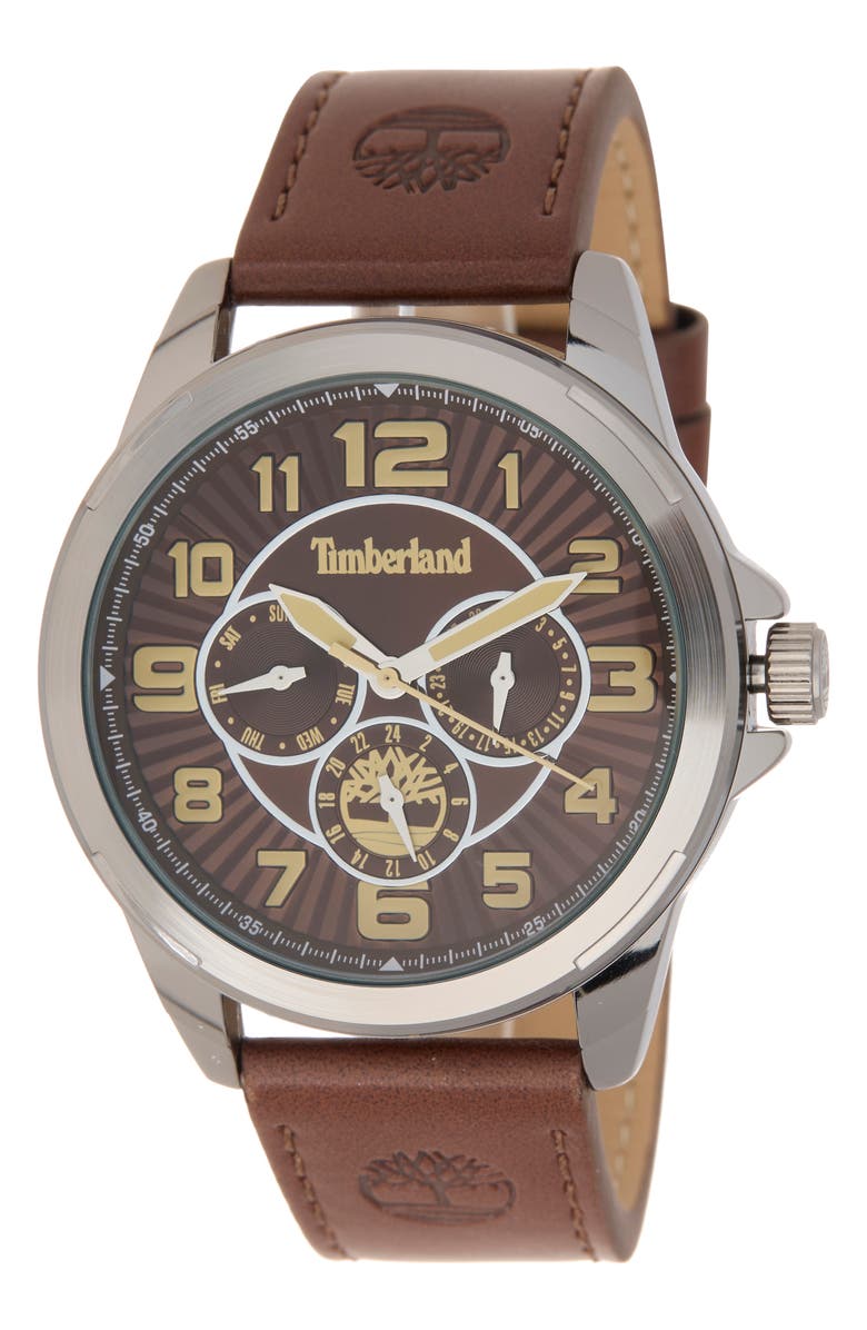 Timberland Dress Sport Quartz Chronograph Leather Strap Watch, 45mm, Main, color, Brown