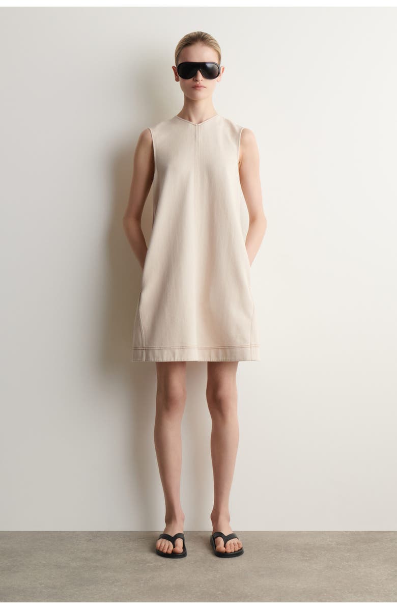 COS V-neck Open-back Denim Mini Dress, Main, color, Ecru