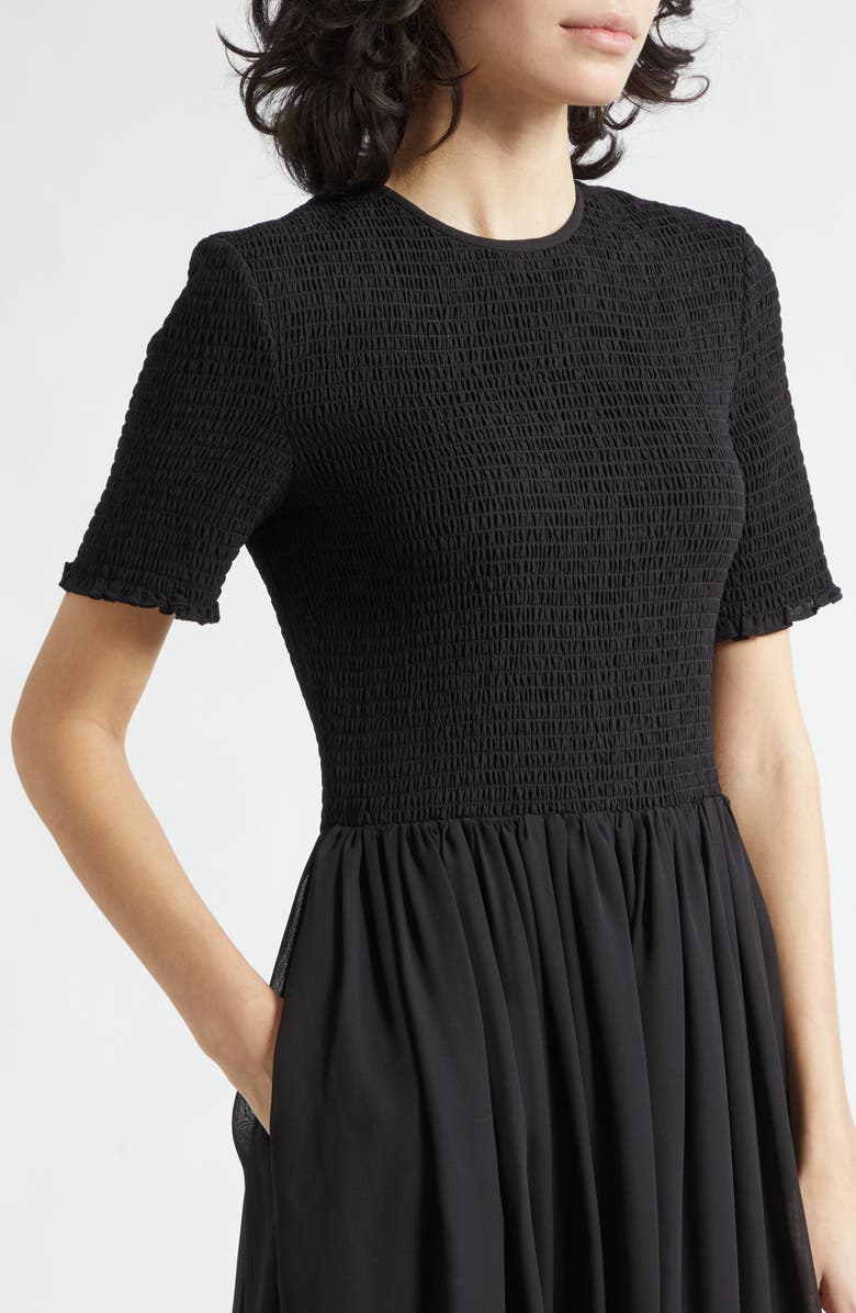 Emporio Armani Black Techno Smocked Bodice Georgette Maxi Dress, Alternate, color, Solid Black