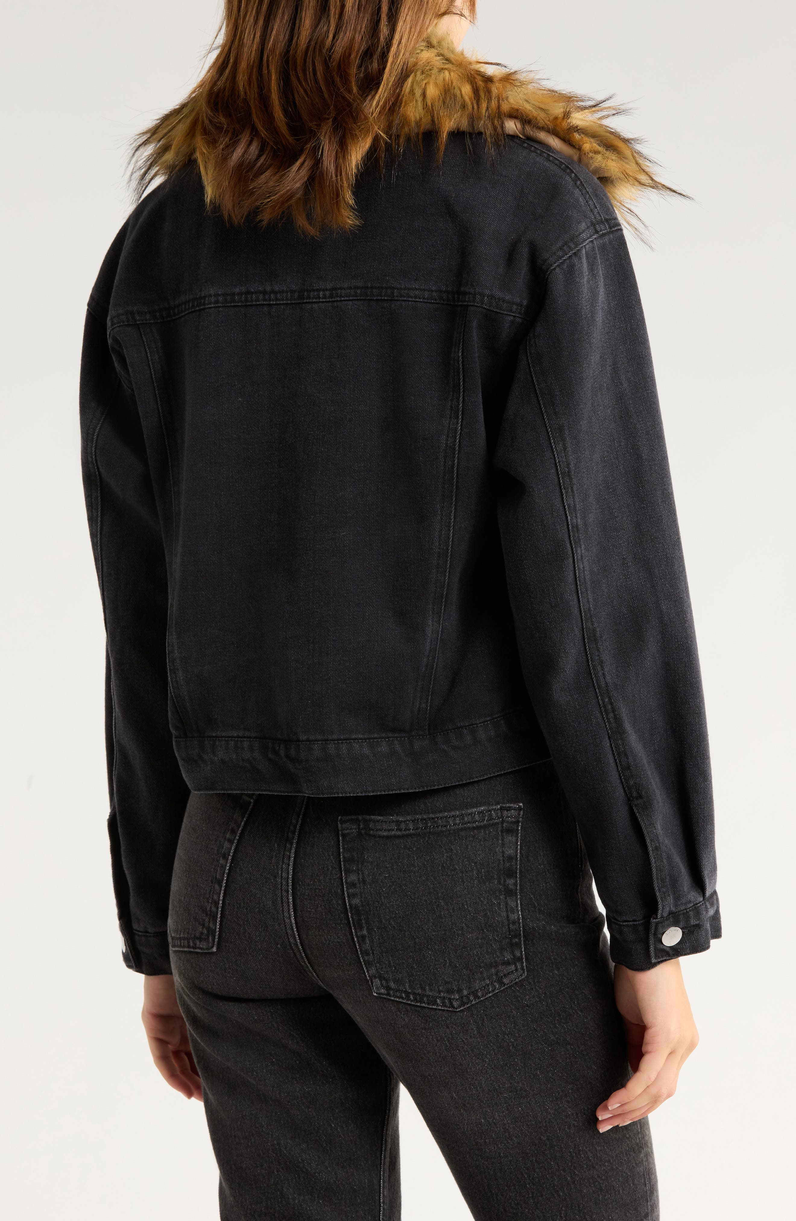 Faux Fur Collar Crop Denim Jacket - image 2