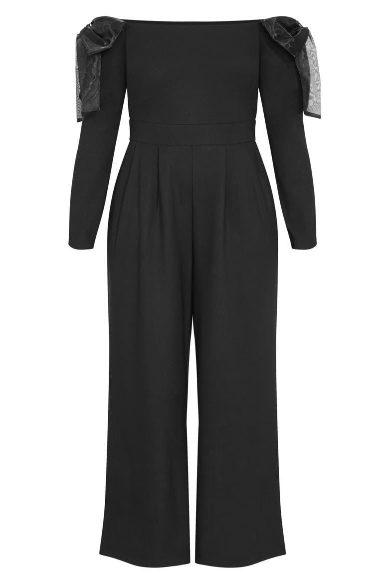 Stacie Off the Shoulder Bow Long Sleeve Jumpsuit, Alternate, color, BLACK