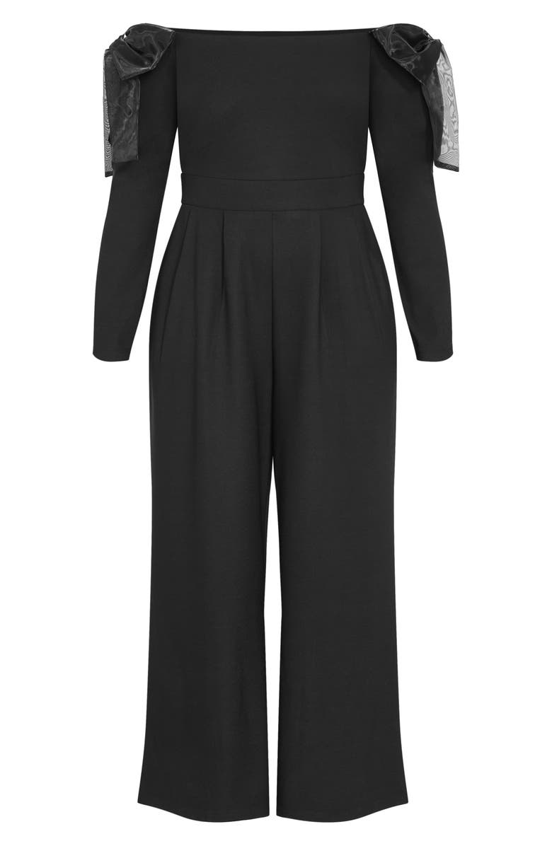 City Chic Stacie Off the Shoulder Bow Long Sleeve Jumpsuit, Alternate, color, Black