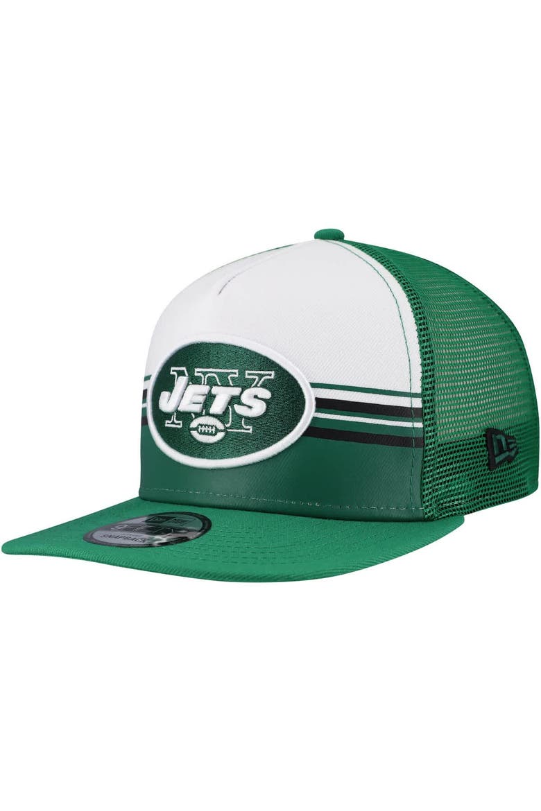 Men's New Era White/Green New York Jets Striped A-Frame 9FIFTY Adjustable Trucker Snapback Hat, Main, color, White
