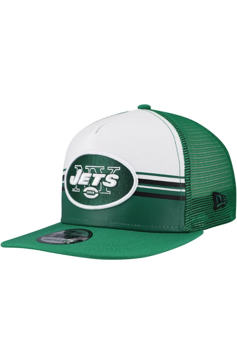 New Era Men's New Era White/Green New York Jets Striped A-Frame 9FIFTY Adjustable Trucker Snapback Hat, Main, color, White