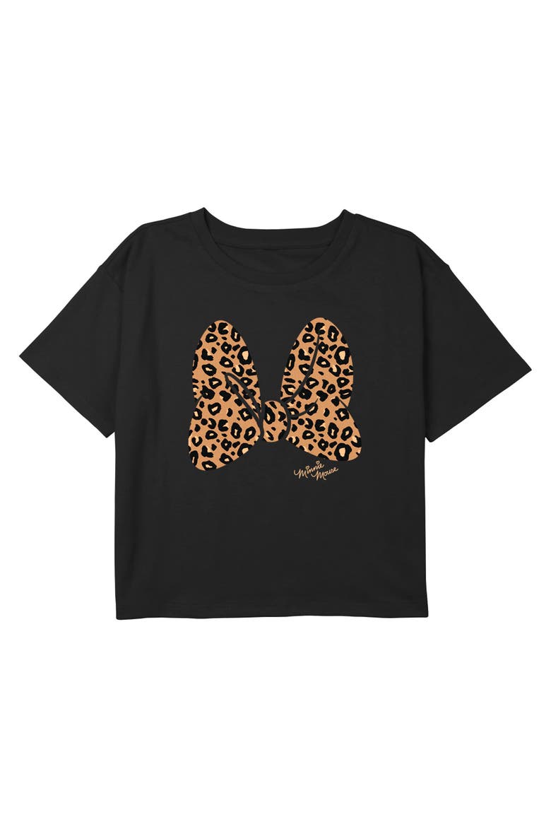 Girl's Mickey & Friends Leopard Animal Print Minnie Mouse Bow  Graphic T-Shirt, Main, color, Black