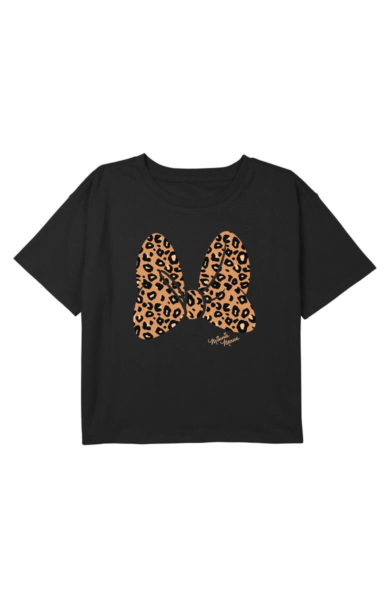 Mickey & Friends Girl's Mickey & Friends Leopard Animal Print Minnie Mouse Bow Graphic T-Shirt, Main, color, Black